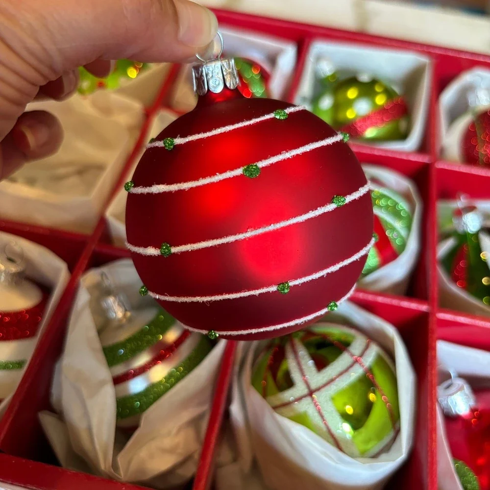 Crate and Barrel Glass Ornaments Set of 12 Red Green Glitter Handcrafted Czech